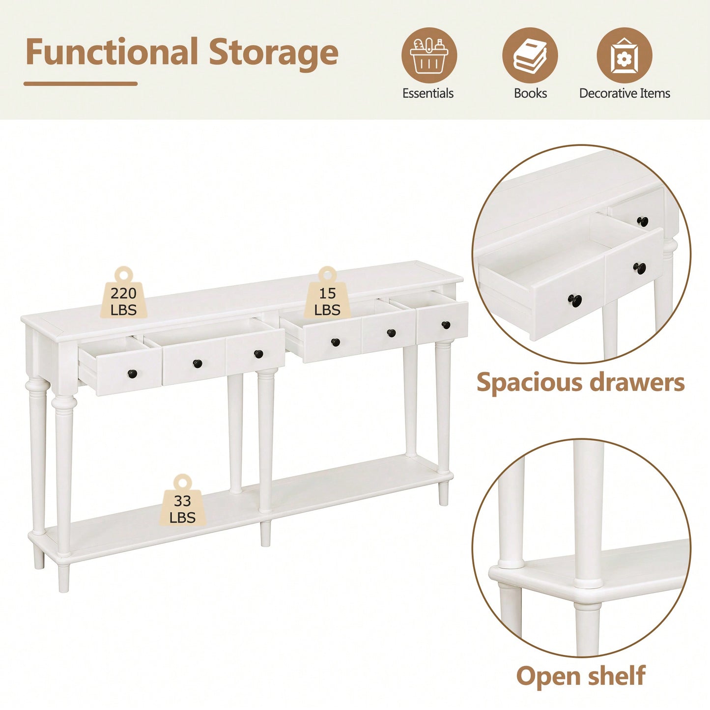 Vintage Style Console Table With 4 Drawers And Open Shelf For Entryways Living Rooms And Hallways In Old Pine Finish