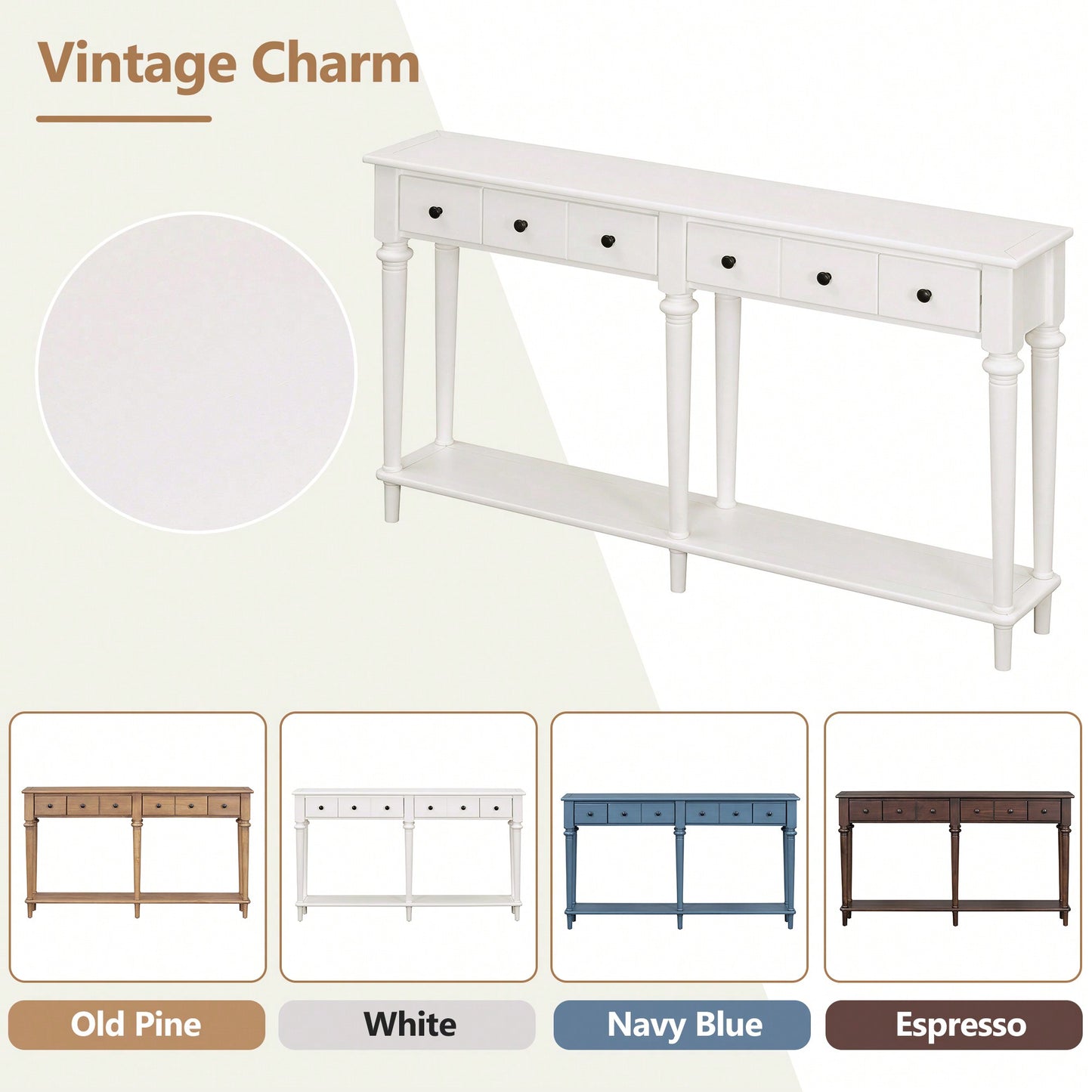 Vintage Style Console Table With 4 Drawers And Open Shelf For Entryways Living Rooms And Hallways In Old Pine Finish