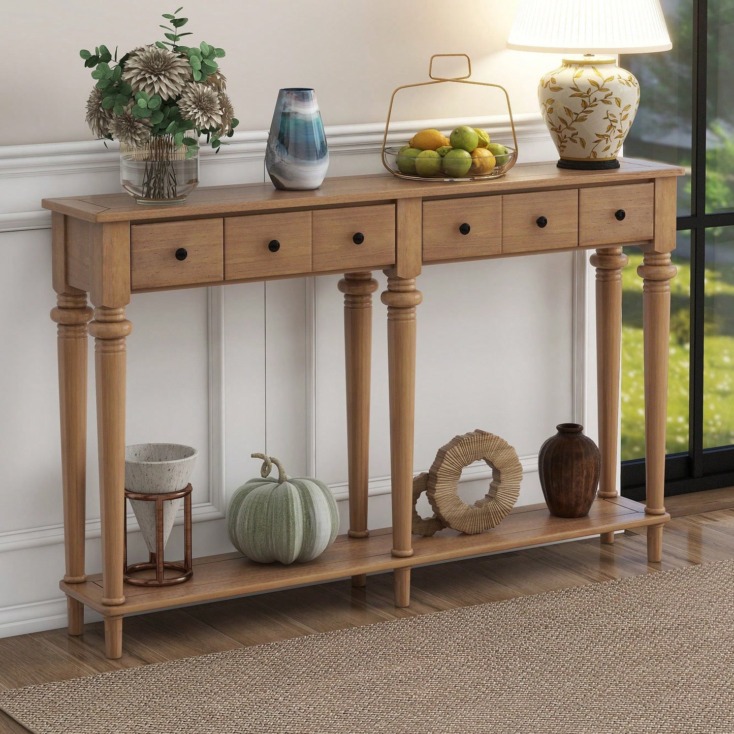 Vintage Style Console Table With 4 Drawers And Open Shelf For Entryways Living Rooms And Hallways In Old Pine Finish