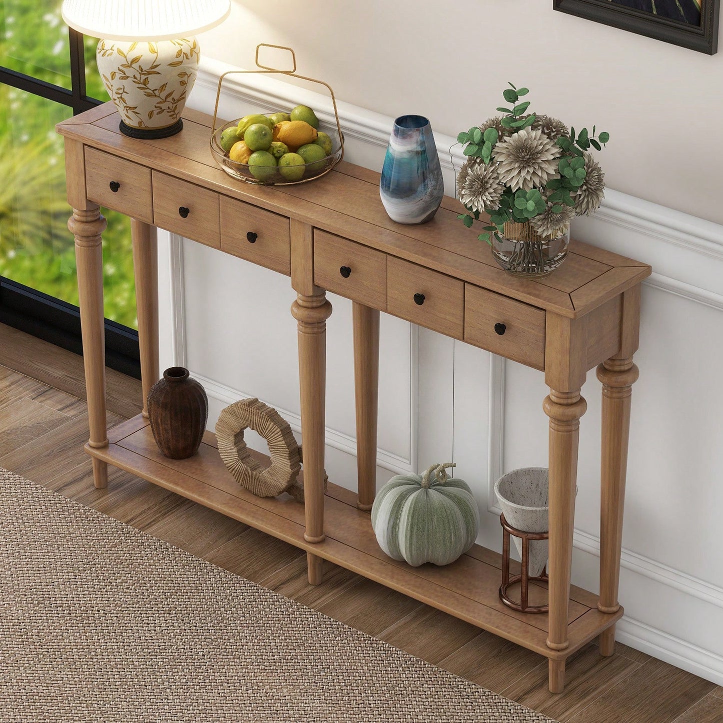 Vintage Style Console Table With 4 Drawers And Open Shelf For Entryways Living Rooms And Hallways In Old Pine Finish