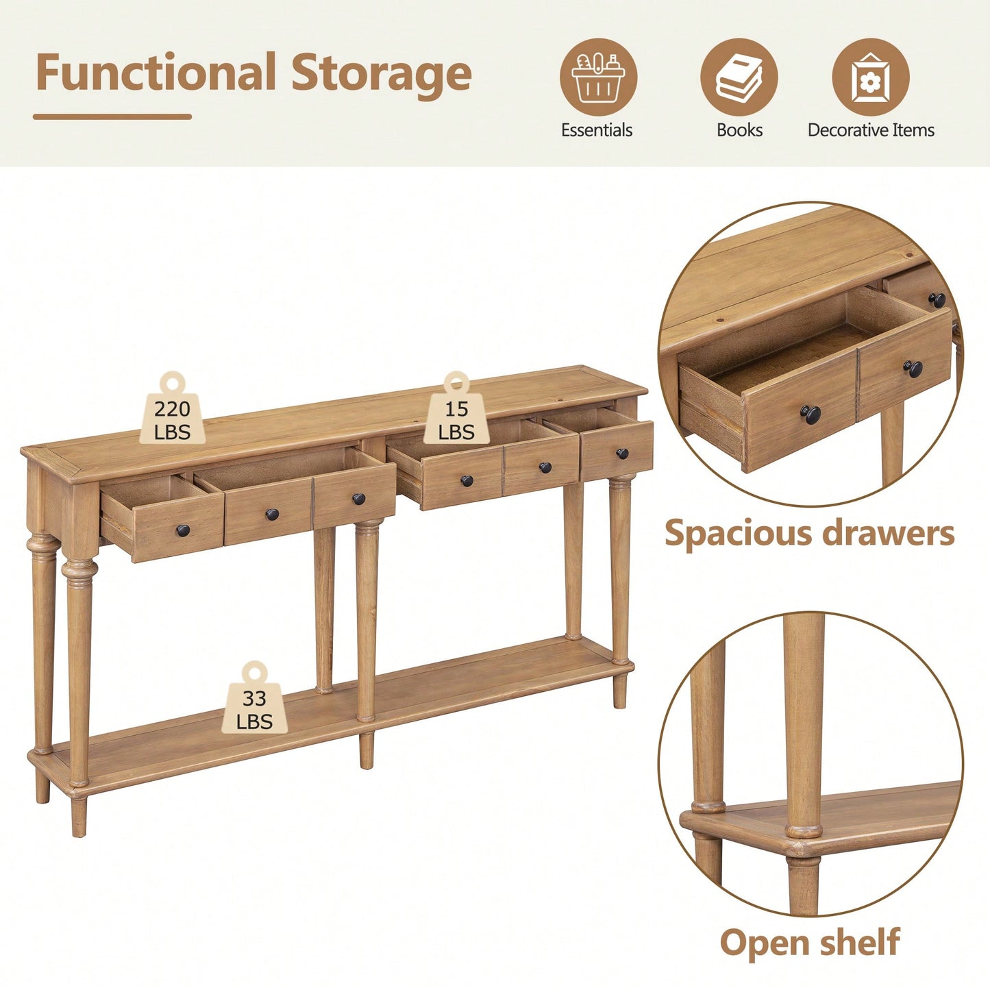 Vintage Style Console Table With 4 Drawers And Open Shelf For Entryways Living Rooms And Hallways In Old Pine Finish