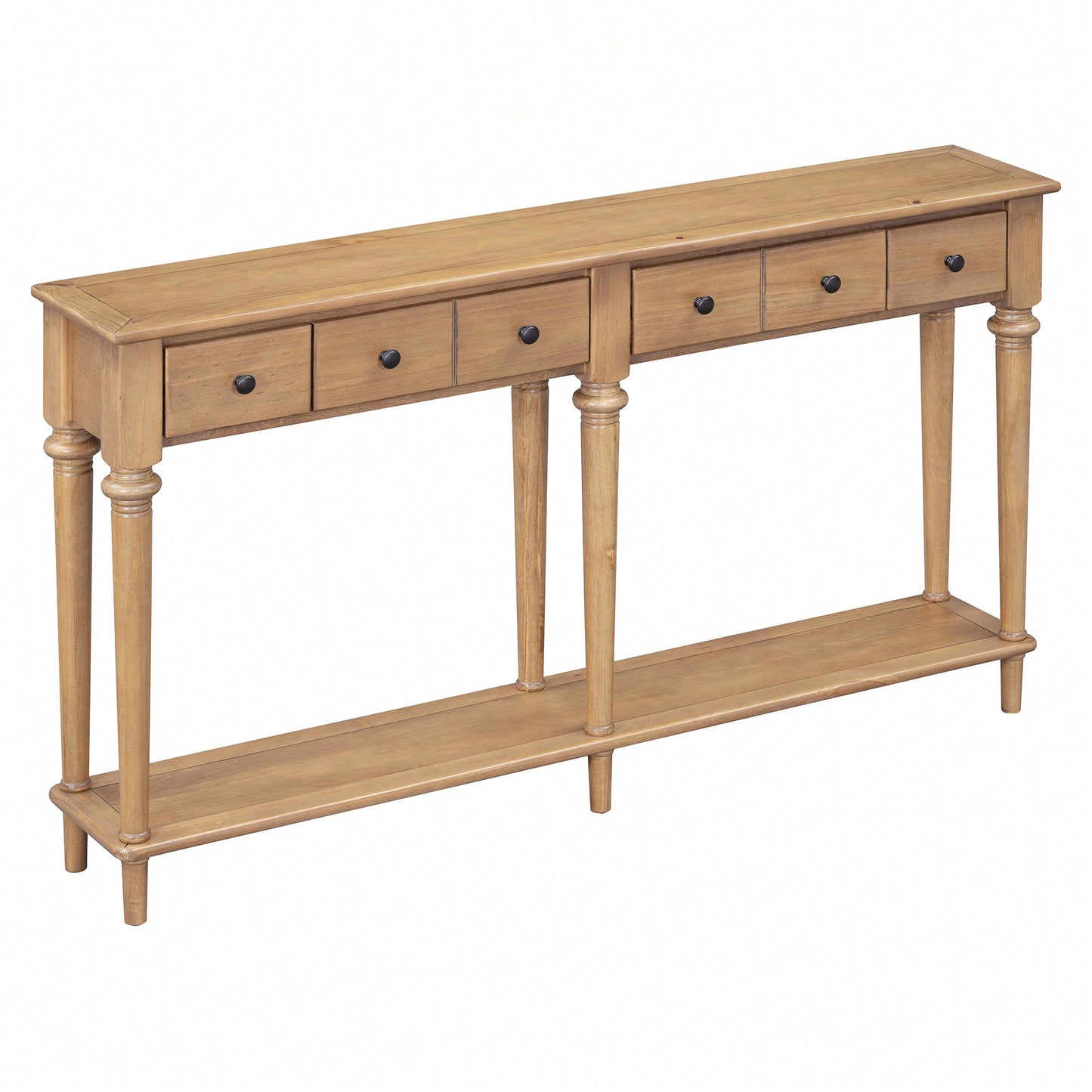 Vintage Style Console Table With 4 Drawers And Open Shelf For Entryways Living Rooms And Hallways In Old Pine Finish