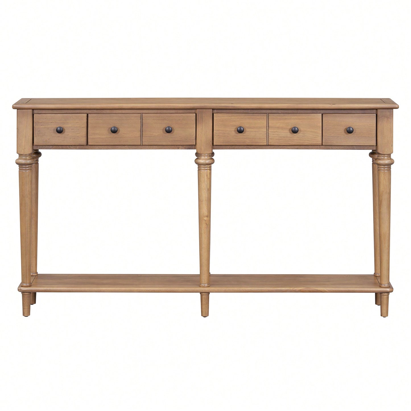 Vintage Style Console Table With 4 Drawers And Open Shelf For Entryways Living Rooms And Hallways In Old Pine Finish