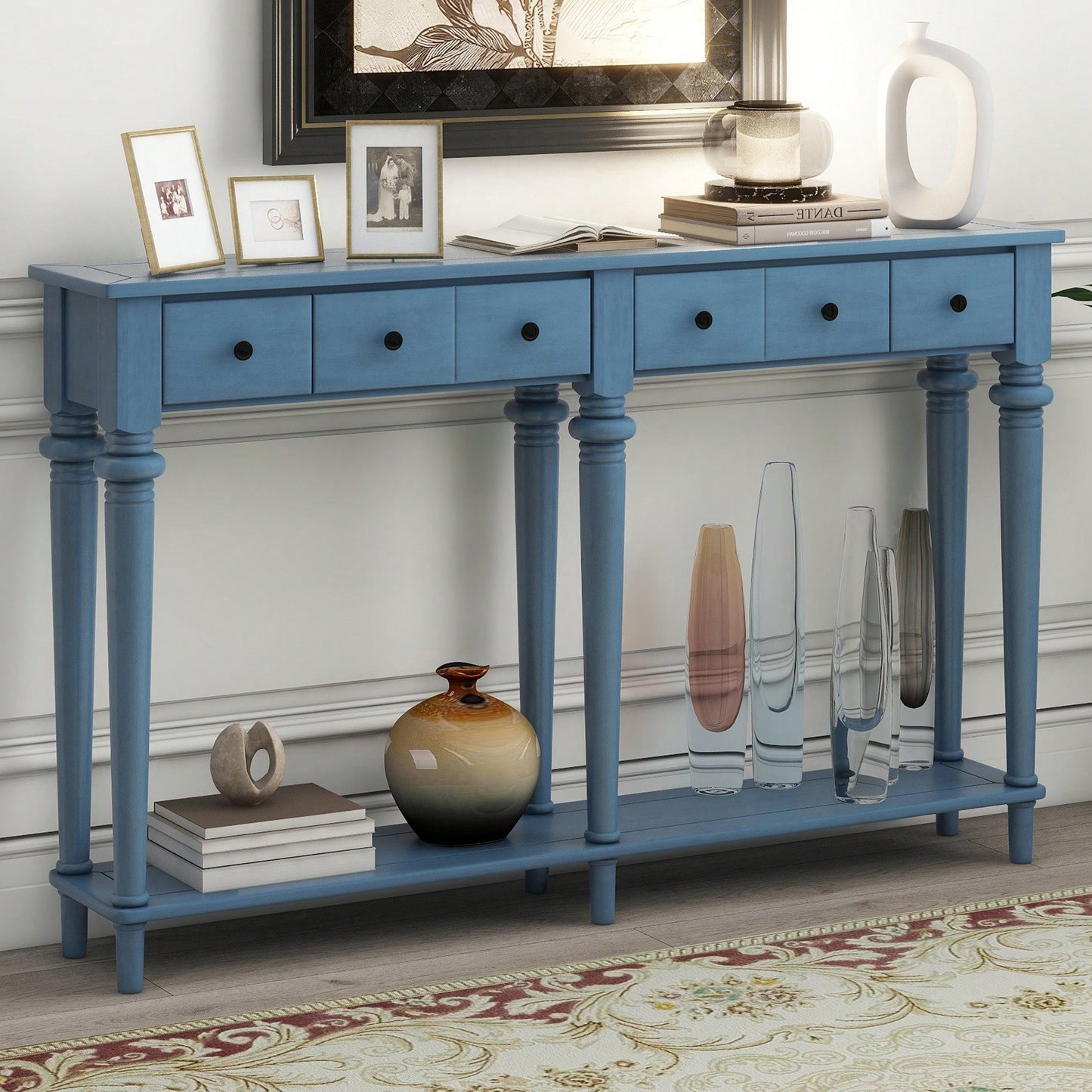 Vintage Style Console Table With 4 Drawers And Open Shelf For Entryways Living Rooms And Hallways In Old Pine Finish