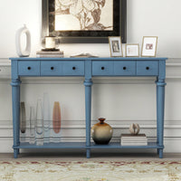 Vintage Style Console Table With 4 Drawers And Open Shelf For Entryways Living Rooms And Hallways In Old Pine Finish