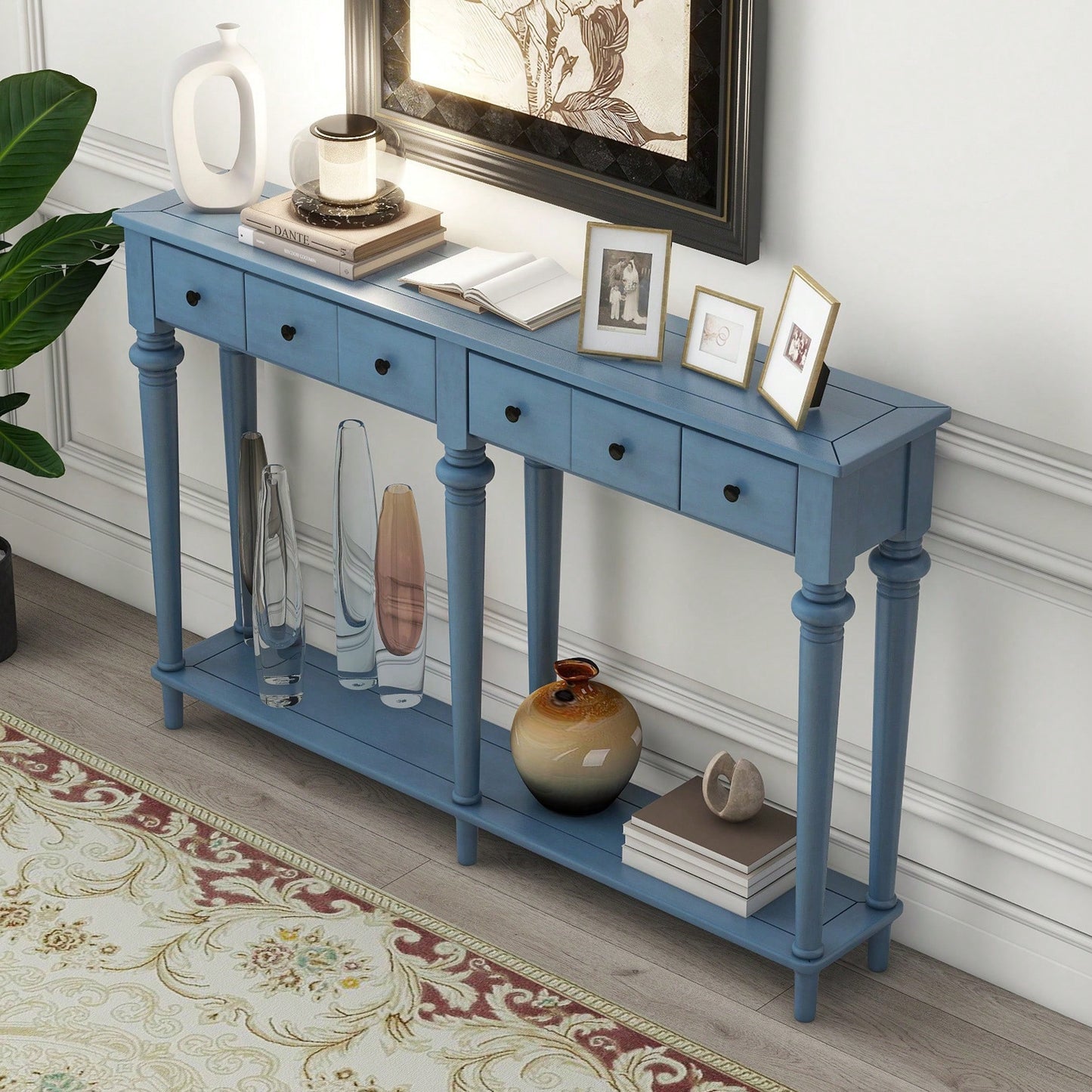 Vintage Style Console Table With 4 Drawers And Open Shelf For Entryways Living Rooms And Hallways In Old Pine Finish