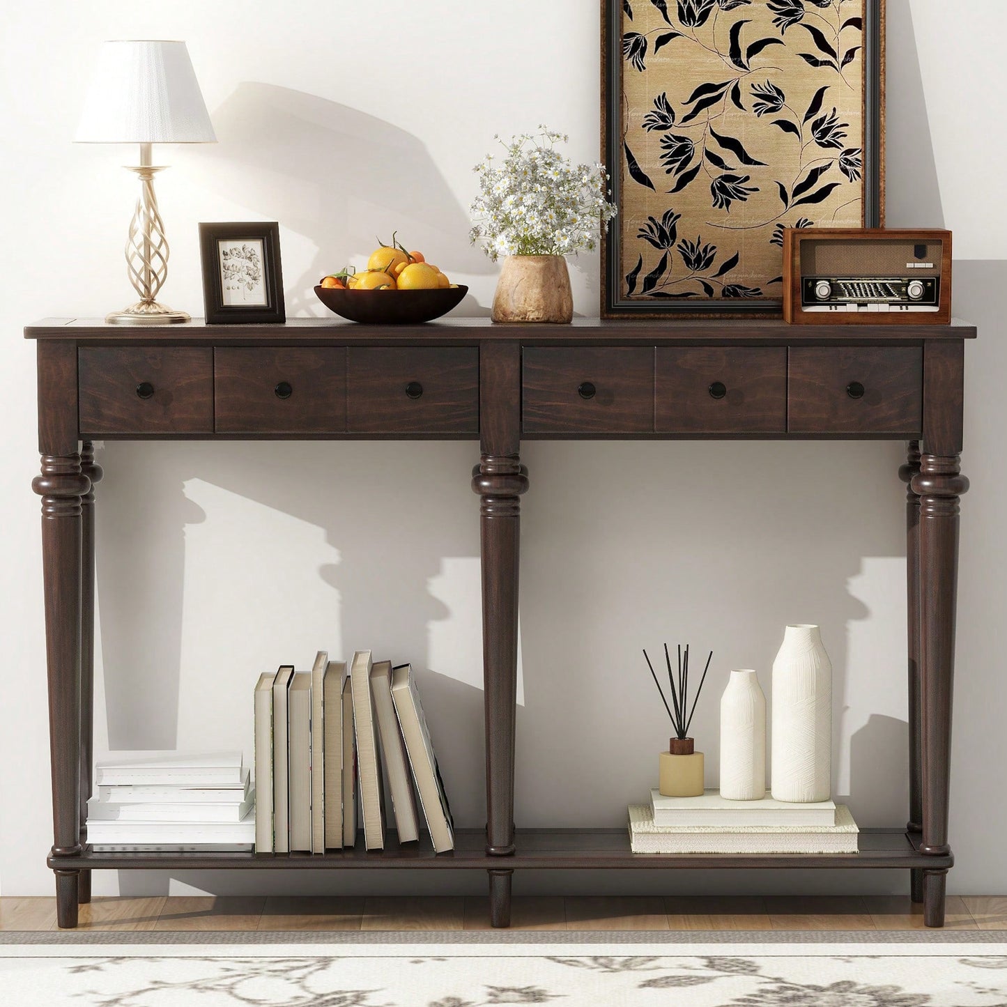 Vintage Style Console Table With 4 Drawers And Open Shelf For Entryways Living Rooms And Hallways In Old Pine Finish