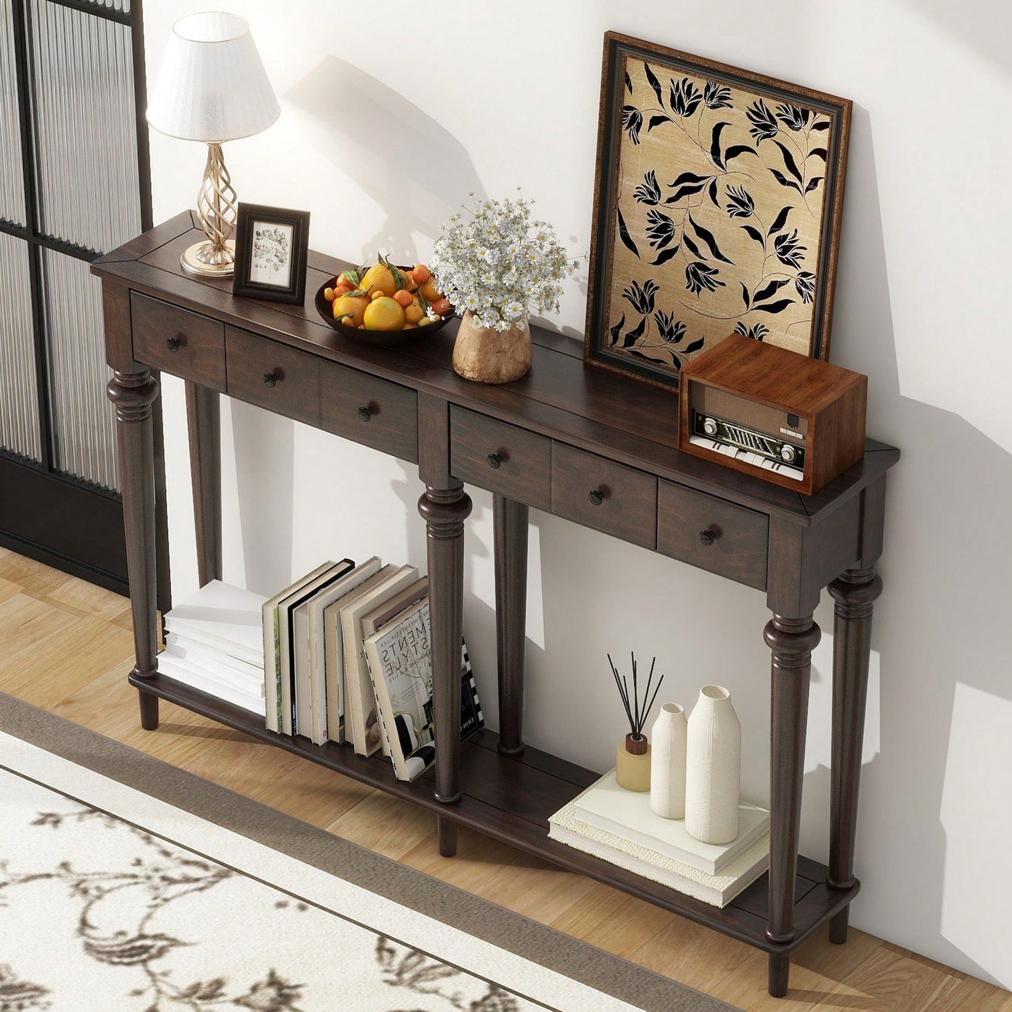 Vintage Style Console Table With 4 Drawers And Open Shelf For Entryways Living Rooms And Hallways In Old Pine Finish