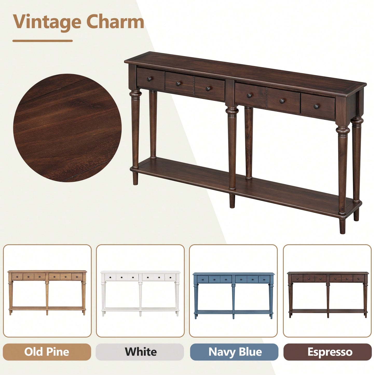 Vintage Style Console Table With 4 Drawers And Open Shelf For Entryways Living Rooms And Hallways In Old Pine Finish