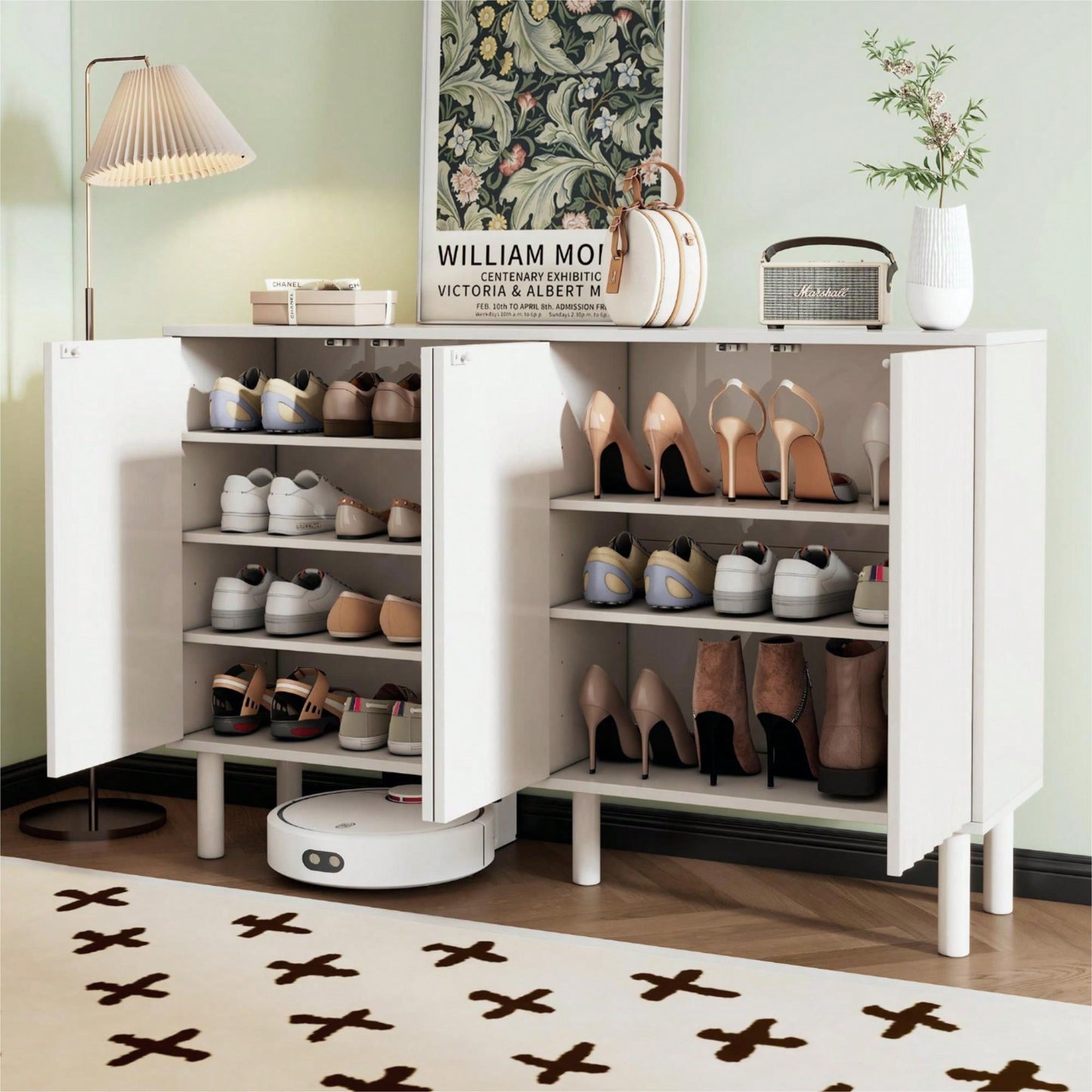 Minimalist Cream Sideboard Buffet Cabinet With Fluted Doors And 4-Door Storage, Adjustable Shelves For Living Room