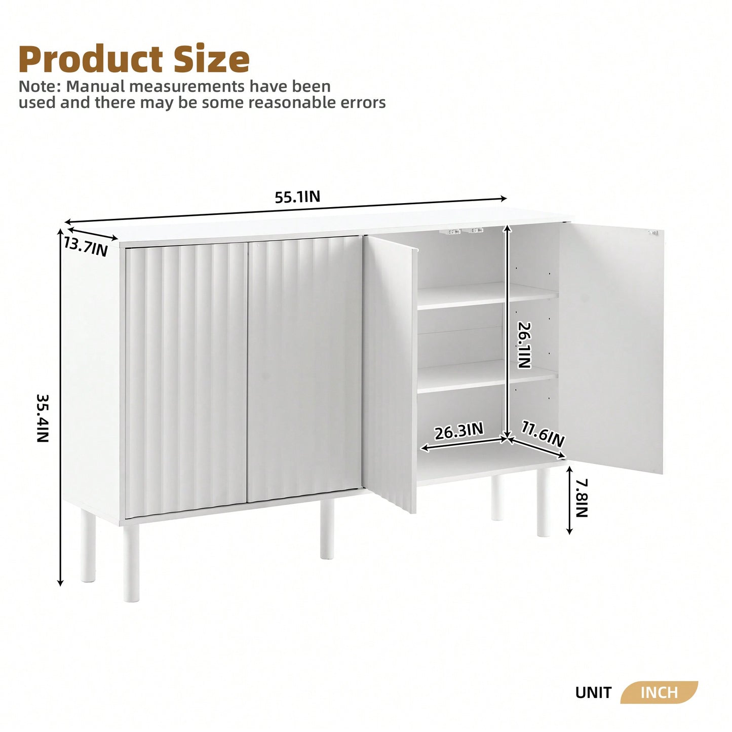 Minimalist Cream Sideboard Buffet Cabinet With Fluted Doors And 4-Door Storage, Adjustable Shelves For Living Room