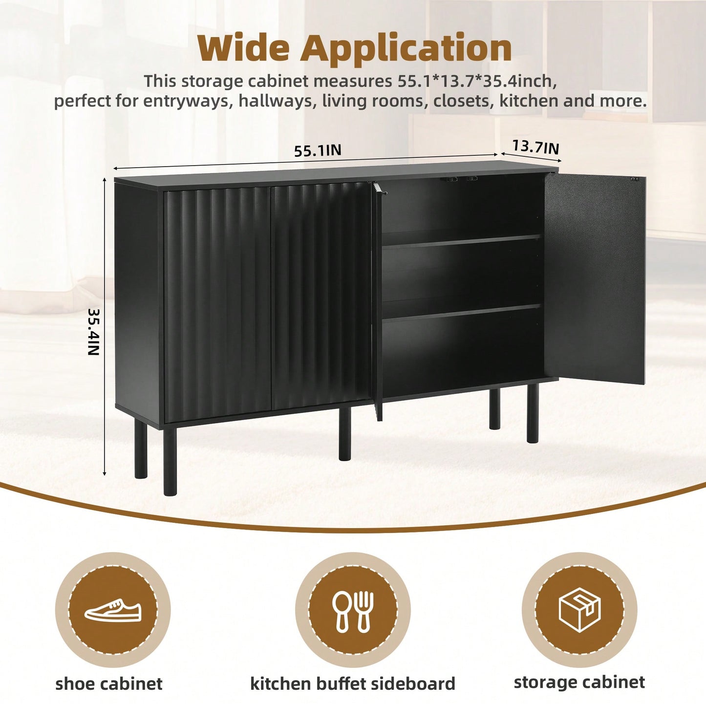 Minimalist Cream Sideboard Buffet Cabinet With Fluted Doors And 4-Door Storage, Adjustable Shelves For Living Room