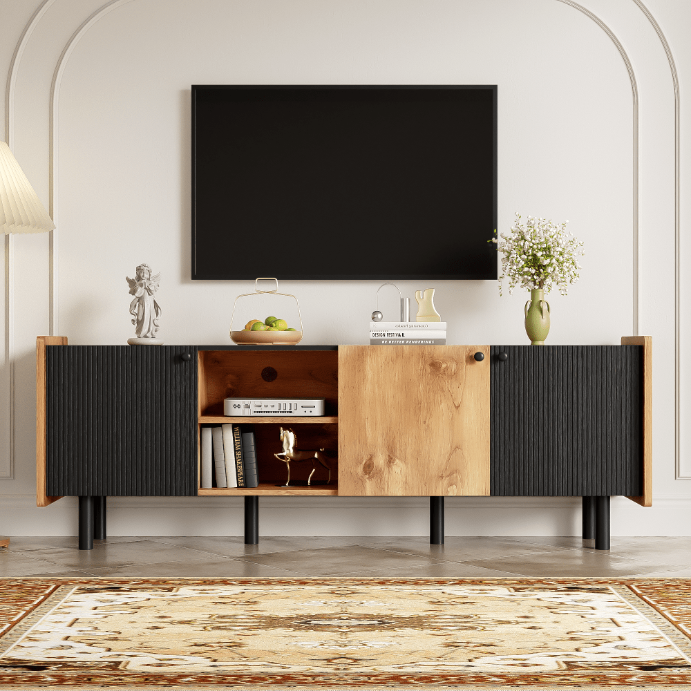 Mid Century Modern TV Stand with 3 Cabinets for TVs Up to 70 Inches Stylish Media Console Storage for Living Room Bedroom Home Theater