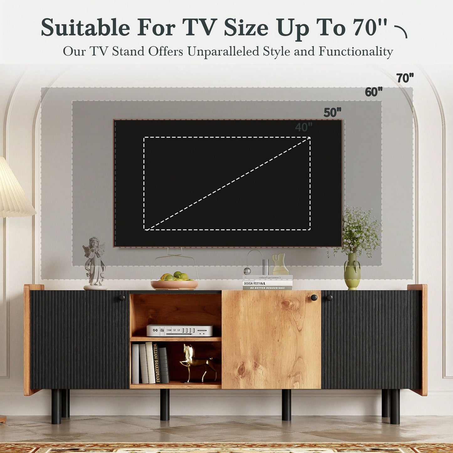 Mid Century Modern TV Stand with 3 Cabinets for TVs Up to 70 Inches Stylish Media Console Storage for Living Room Bedroom Home Theater