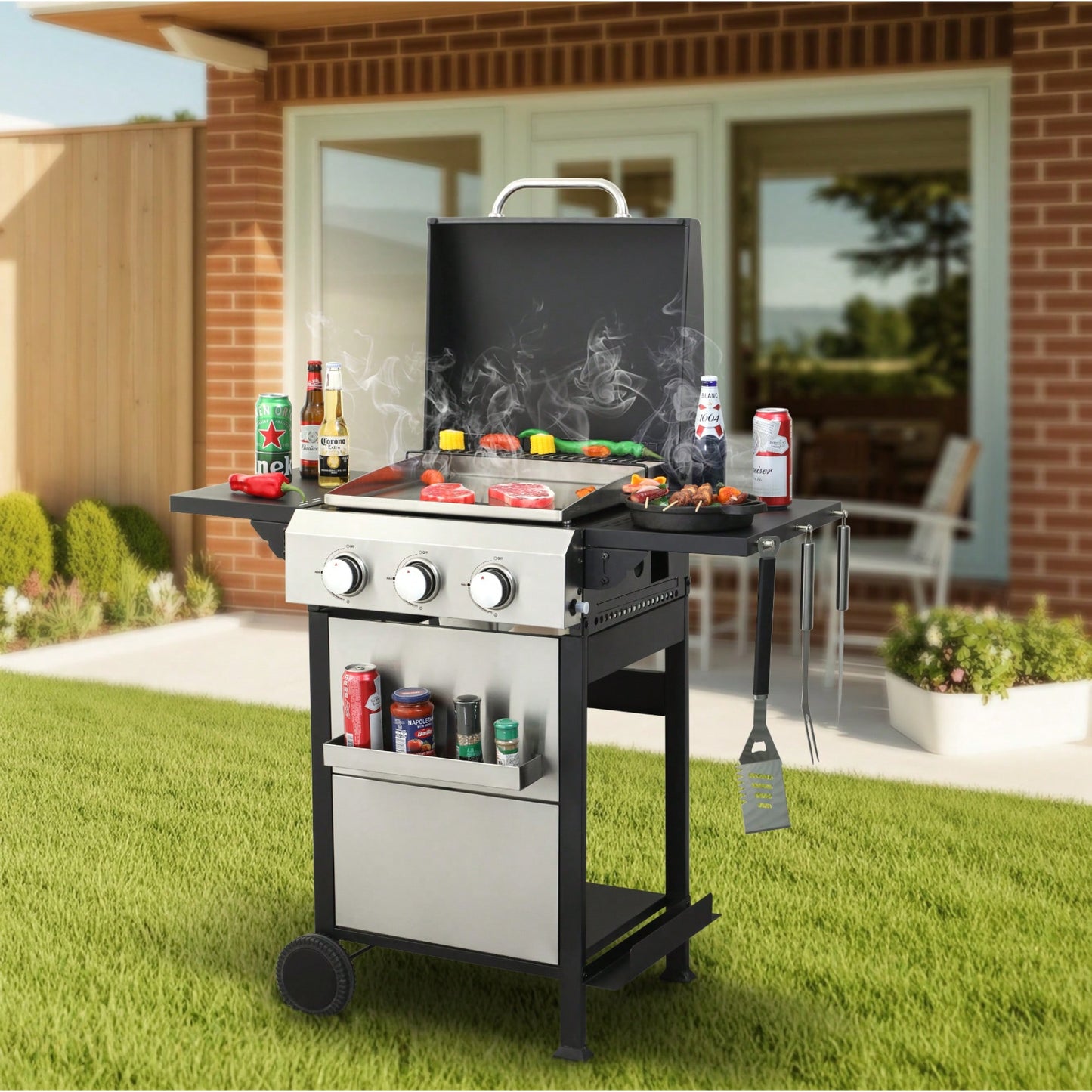 3-Burner Propane Gas Grill With Stainless Steel Plancha And 36900 BTU Output, Enamel Cooking Grids, Foldable Side Table, And Hanging Basket For Outdoor BBQ Fun