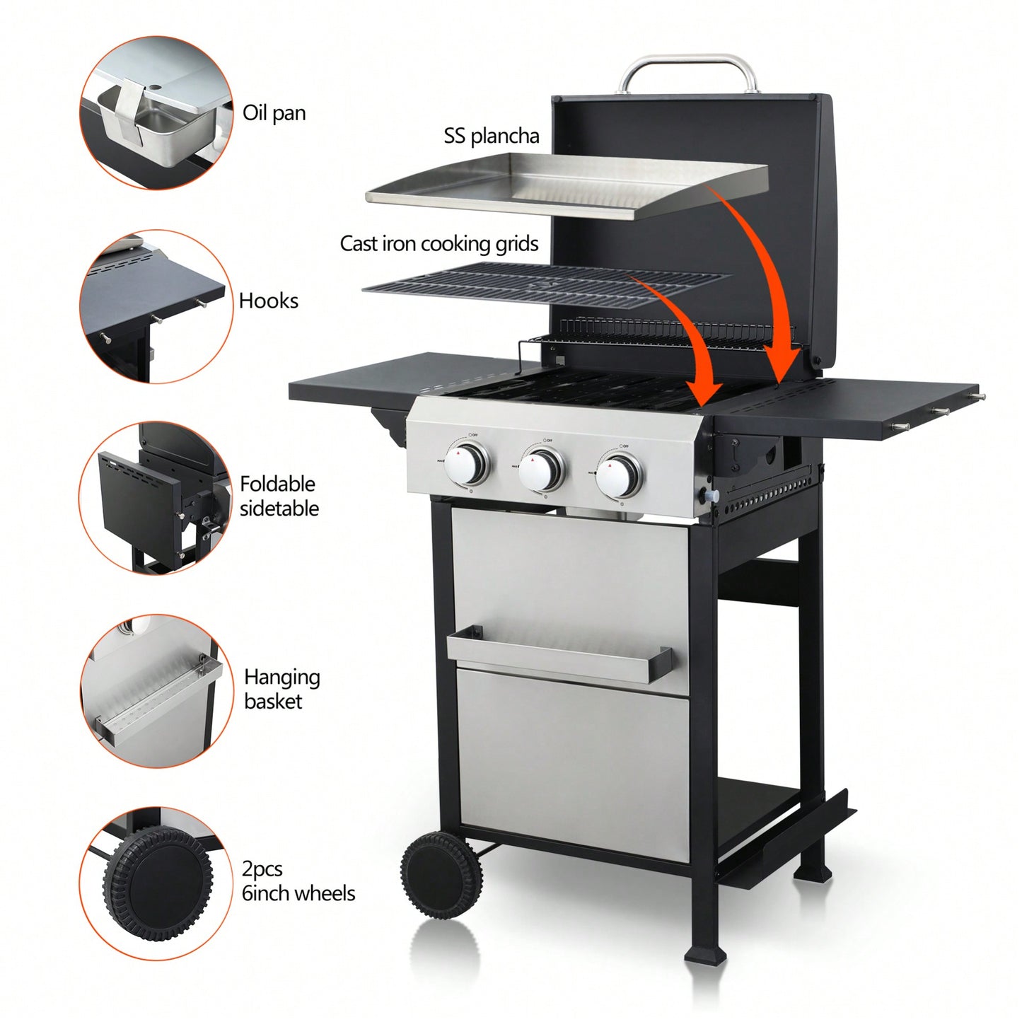 3-Burner Propane Gas Grill With Stainless Steel Plancha And 36900 BTU Output, Enamel Cooking Grids, Foldable Side Table, And Hanging Basket For Outdoor BBQ Fun