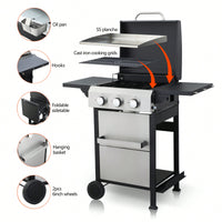 3-Burner Propane Gas Grill With Stainless Steel Plancha And 36900 BTU Output, Enamel Cooking Grids, Foldable Side Table, And Hanging Basket For Outdoor BBQ Fun