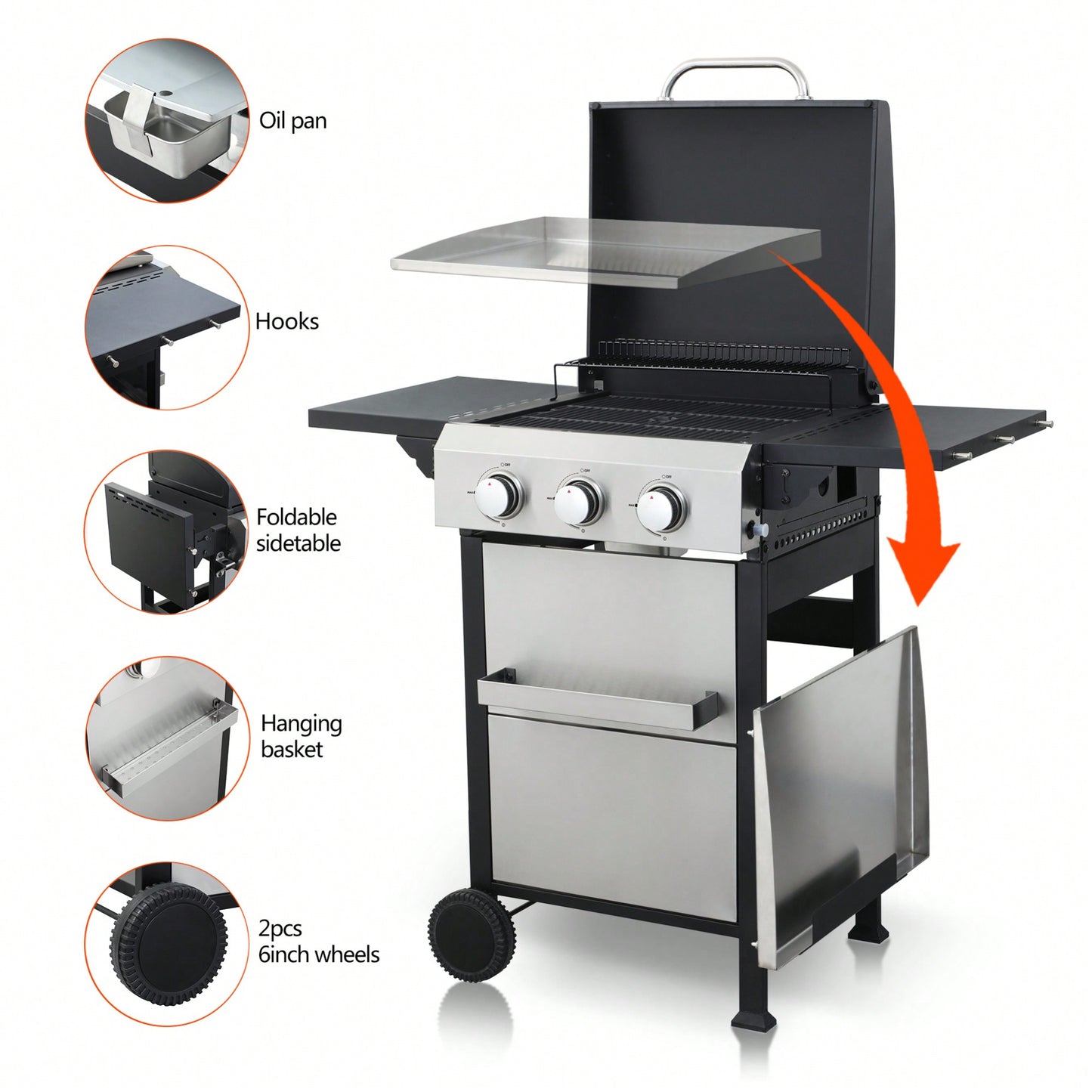 3-Burner Propane Gas Grill With Stainless Steel Plancha And 36900 BTU Output, Enamel Cooking Grids, Foldable Side Table, And Hanging Basket For Outdoor BBQ Fun