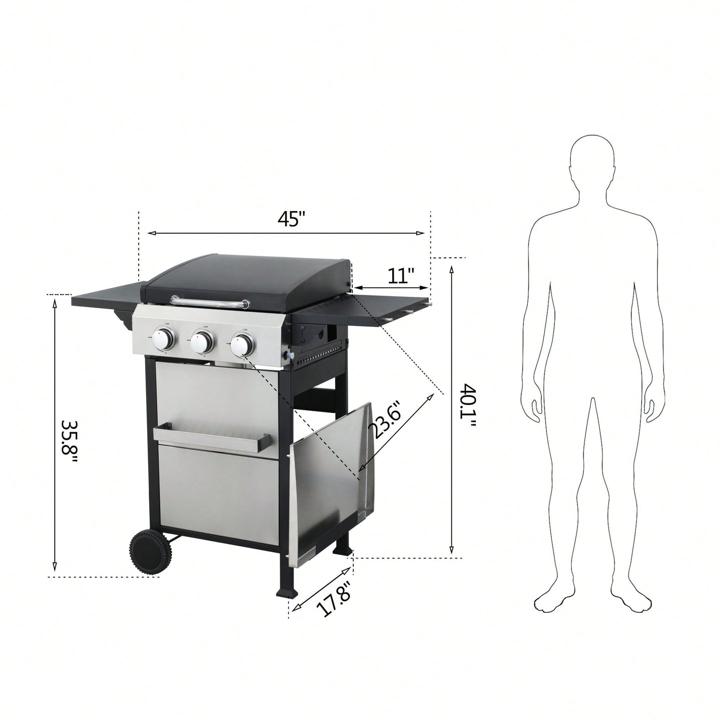 3-Burner Propane Gas Grill With Stainless Steel Plancha And 36900 BTU Output, Enamel Cooking Grids, Foldable Side Table, And Hanging Basket For Outdoor BBQ Fun