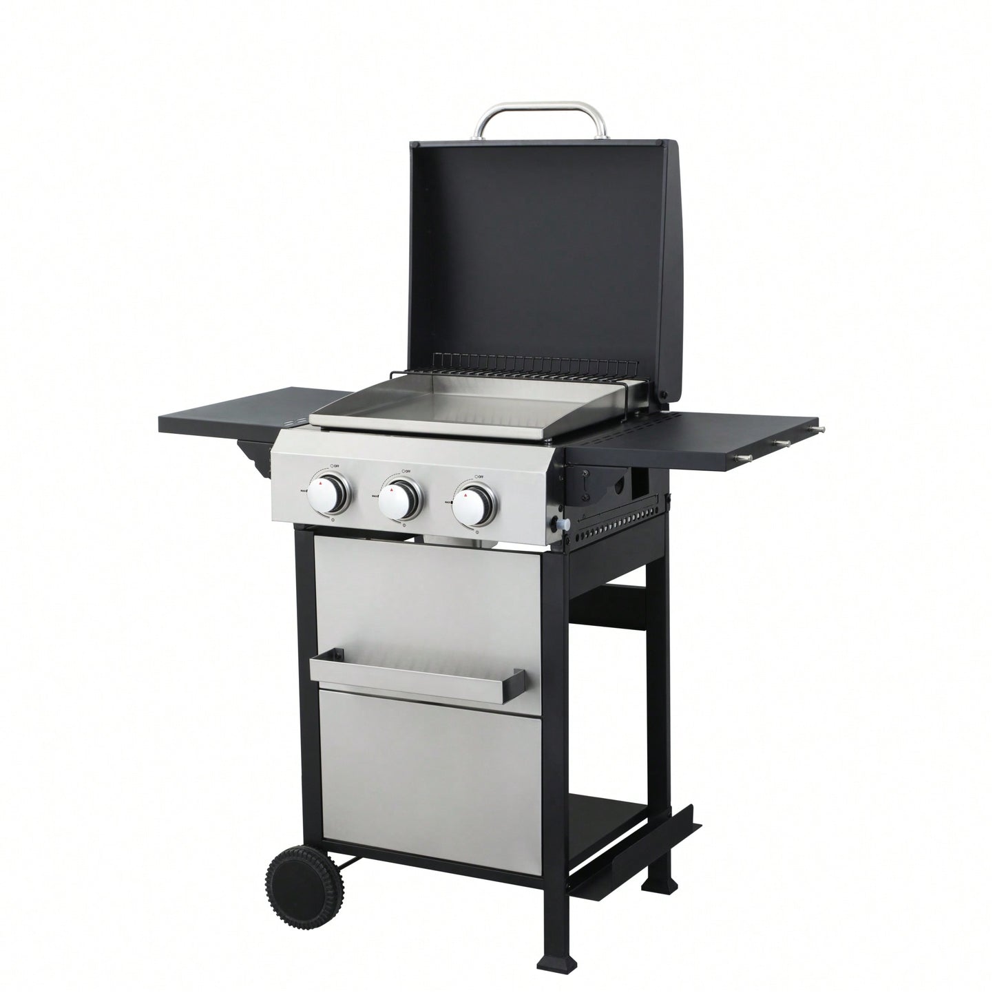 3-Burner Propane Gas Grill With Stainless Steel Plancha And 36900 BTU Output, Enamel Cooking Grids, Foldable Side Table, And Hanging Basket For Outdoor BBQ Fun