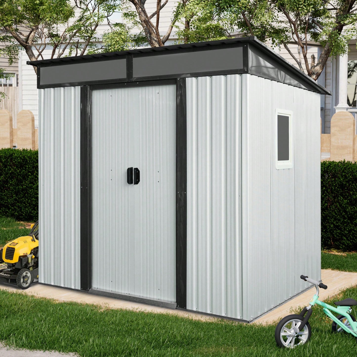 6ft X 5ft Outdoor Metal Storage Shed With Window And Transparent Panel For Garden And Lawn Use In White And Black