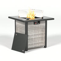 28 Inch Outdoor Propane Fire Pit Table Rattan Wicker Design 50000 BTU Tempered Glass Top Windscreen for Patio Garden Brown