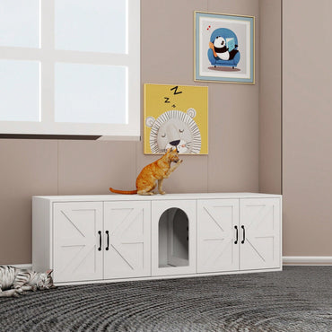 Modern Dual Cat Litter Box Enclosure Wooden Furniture With Cat Door White