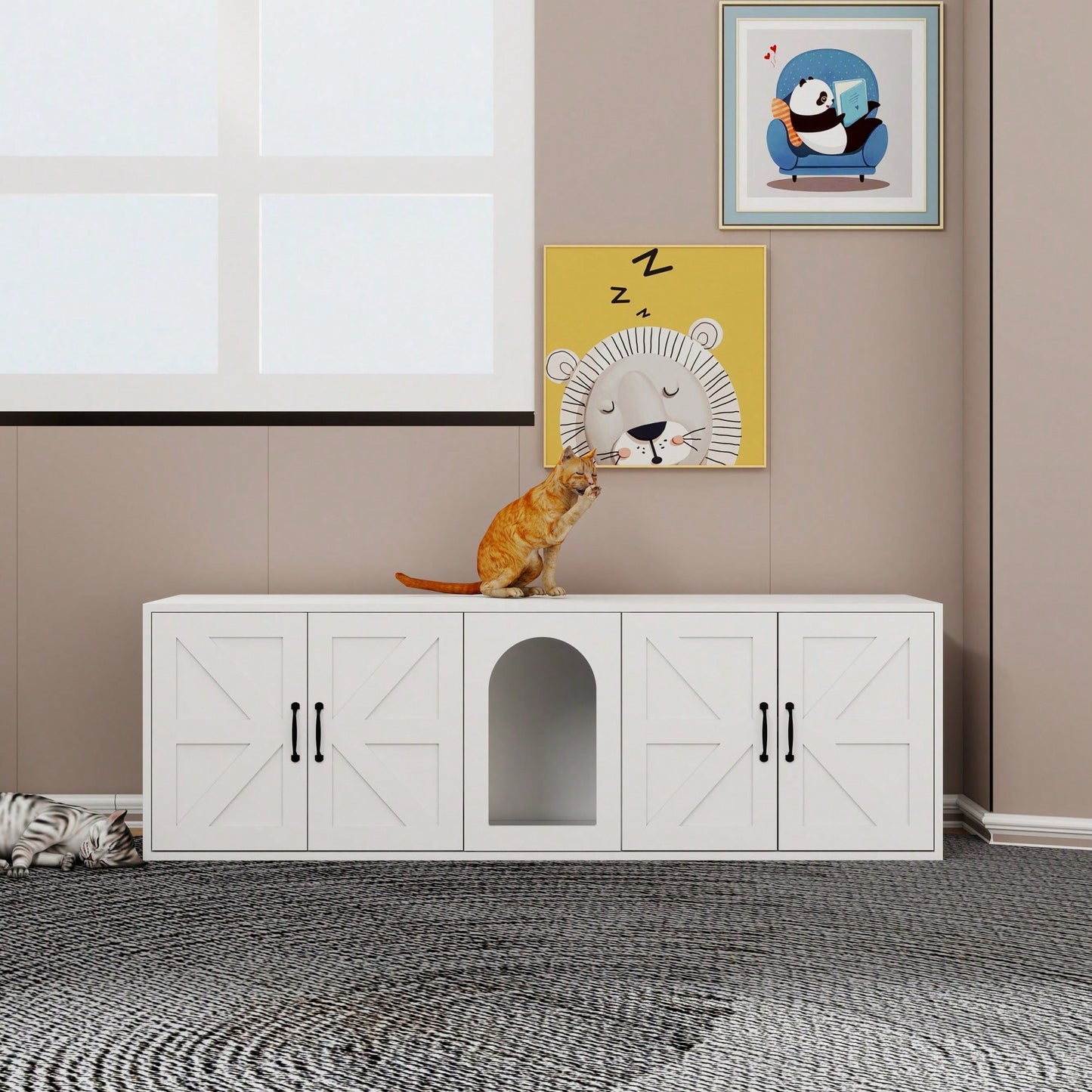 Modern Dual Cat Litter Box Enclosure Wooden Furniture With Cat Door White