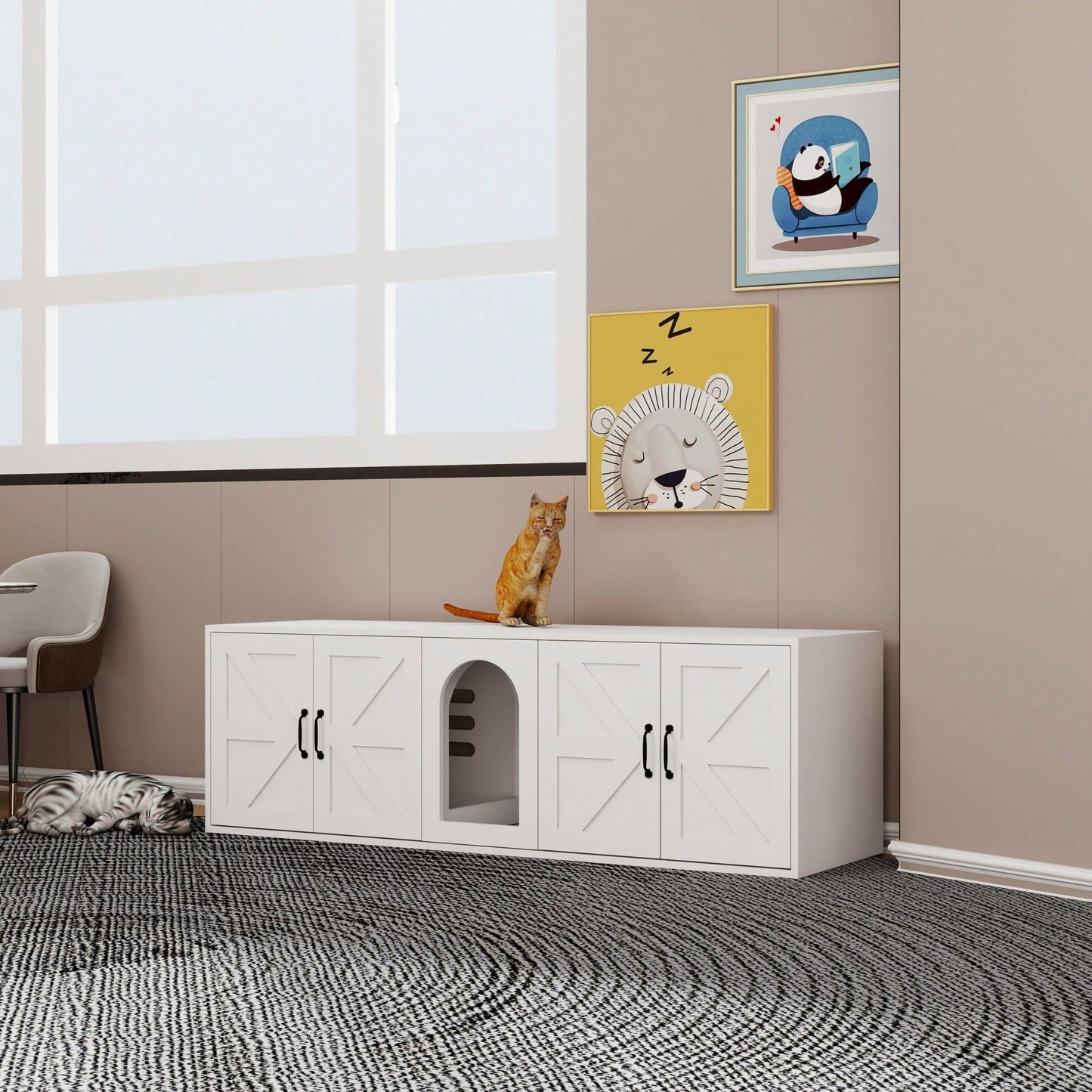 Modern Dual Cat Litter Box Enclosure Wooden Furniture With Cat Door White