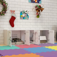 Modern Dual Cat Litter Box Enclosure Wooden Furniture With Cat Door White