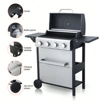 4-Burner Propane Gas BBQ Grill 34200 BTU Outdoor Cooking With Wire Enamel Grids Foldable Side Table And Hanging Basket Stainless Steel Design