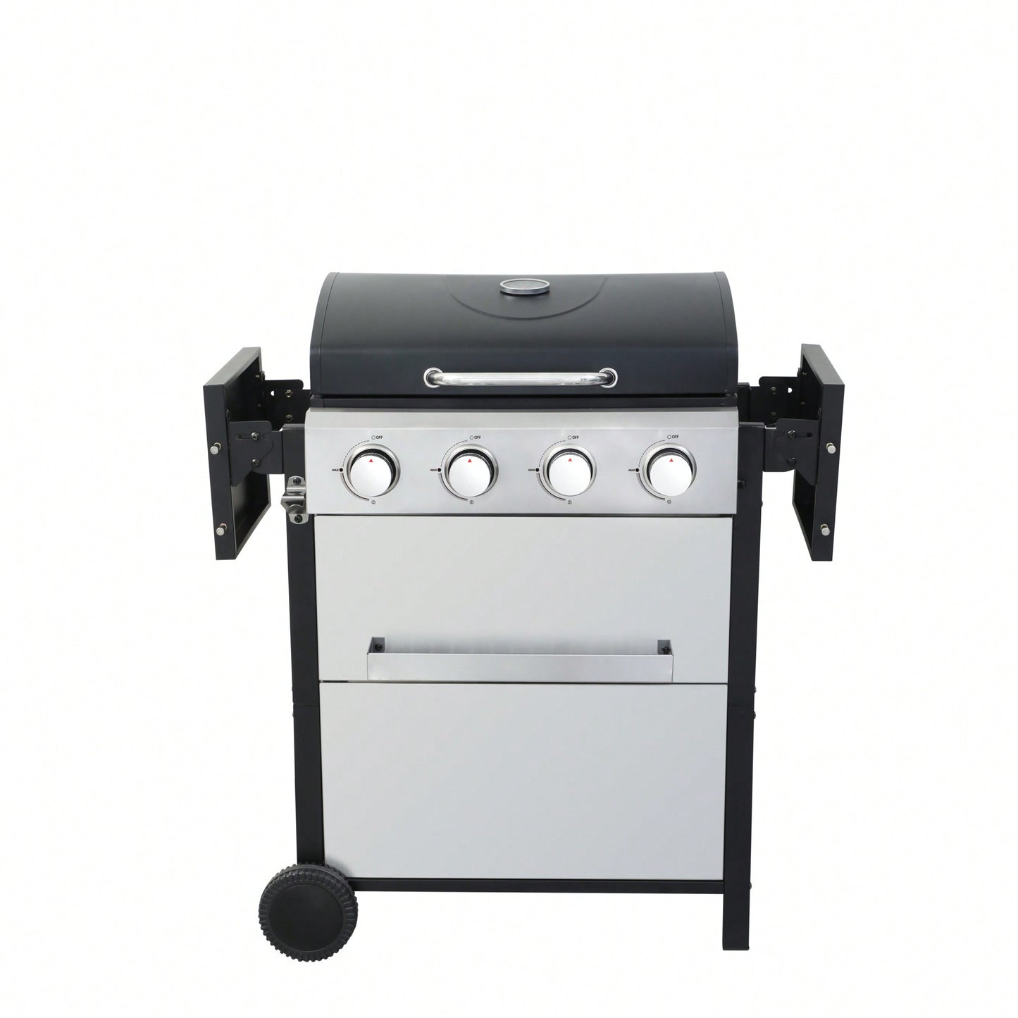 4-Burner Propane Gas BBQ Grill 34200 BTU Outdoor Cooking With Wire Enamel Grids Foldable Side Table And Hanging Basket Stainless Steel Design