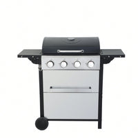 4-Burner Propane Gas BBQ Grill 34200 BTU Outdoor Cooking With Wire Enamel Grids Foldable Side Table And Hanging Basket Stainless Steel Design