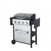 4-Burner Propane Gas BBQ Grill 34200 BTU Outdoor Cooking With Wire Enamel Grids Foldable Side Table And Hanging Basket Stainless Steel Design