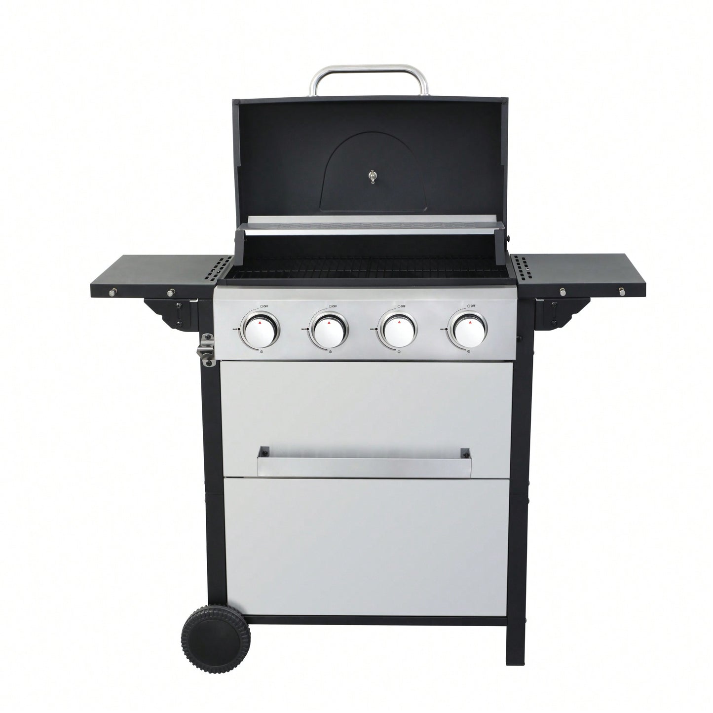 4-Burner Propane Gas BBQ Grill 34200 BTU Outdoor Cooking With Wire Enamel Grids Foldable Side Table And Hanging Basket Stainless Steel Design