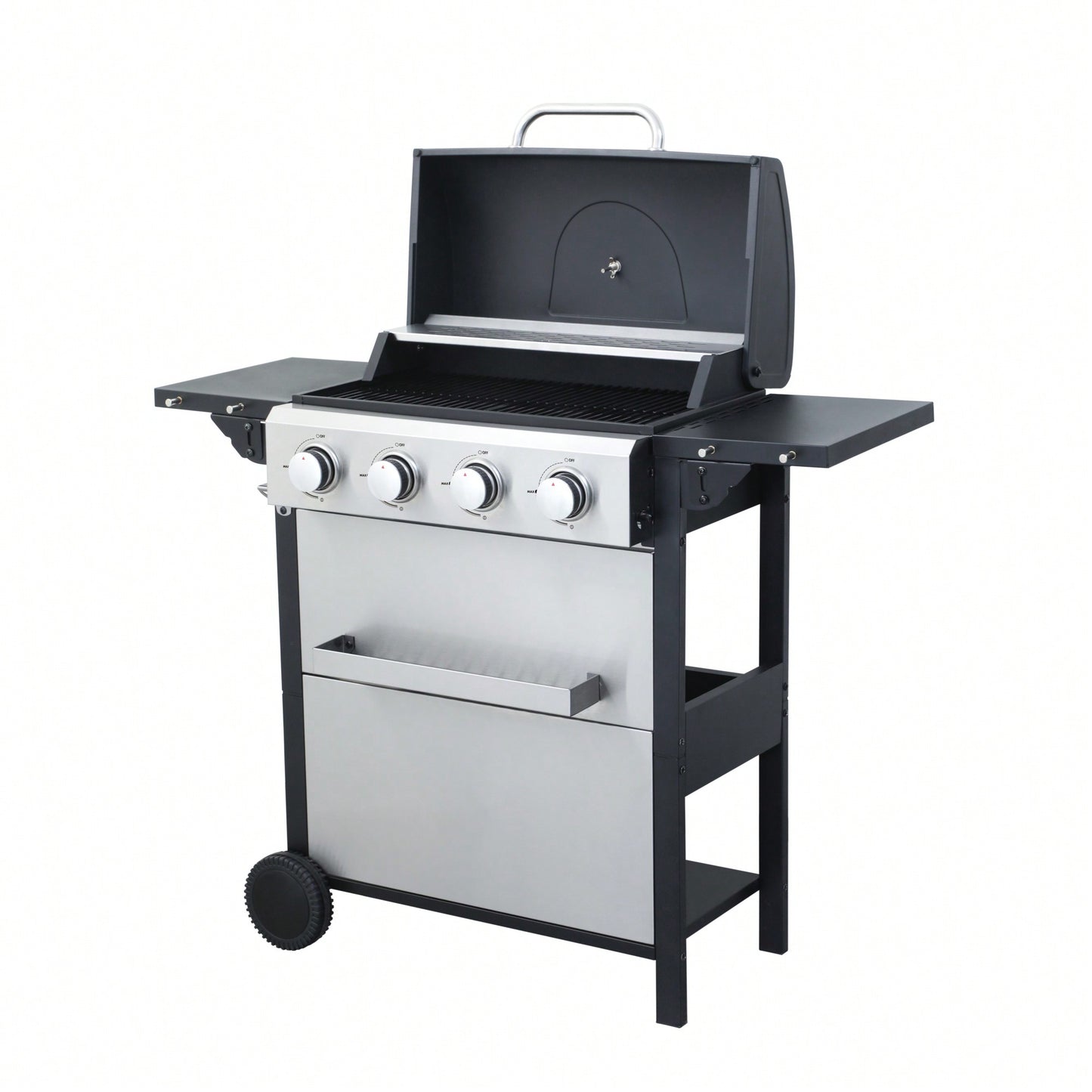 4-Burner Propane Gas BBQ Grill 34200 BTU Outdoor Cooking With Wire Enamel Grids Foldable Side Table And Hanging Basket Stainless Steel Design