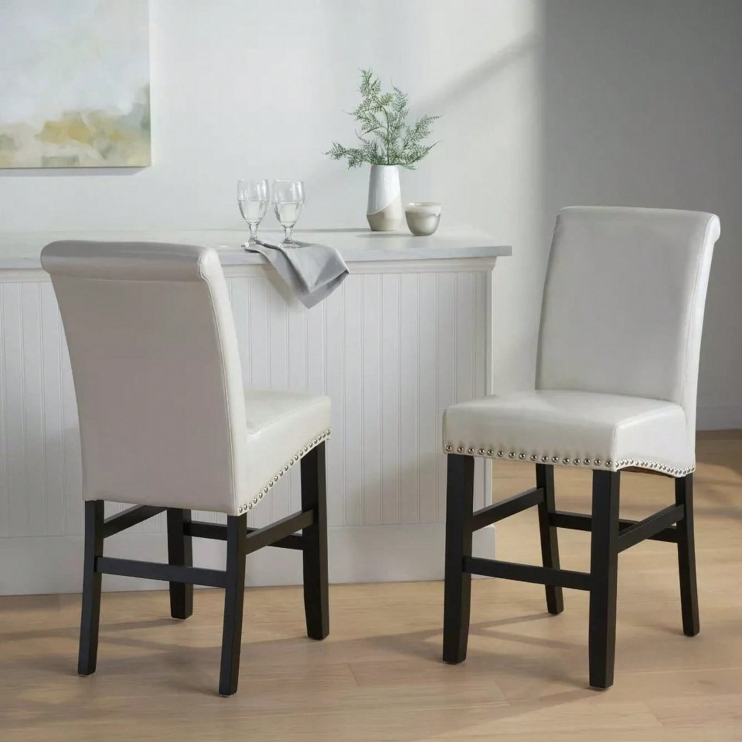 Contemporary Ivory Upholstered Dining Chairs With Nail-Head Trim Set Of 2 25 Inch Counter Stools For Kitchen Bedroom Dining Room