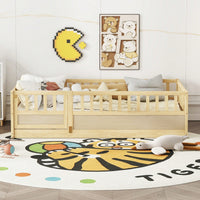 Twin Size Montessori Floor Bed With High Security Barrier And Door Natural Wood Support Slats