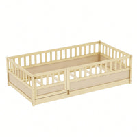 Twin Size Montessori Floor Bed With High Security Barrier And Door Natural Wood Support Slats