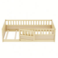 Twin Size Montessori Floor Bed With High Security Barrier And Door Natural Wood Support Slats