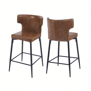 Modern 28 Inch Counter Height Bar Stools Set Of 2 With PU Leather Upholstery And Metal Footrest For Kitchen Island And Dining Room Gray