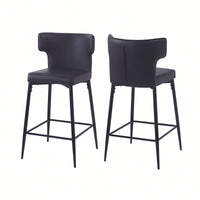 Modern 28 Inch Counter Height Bar Stools Set Of 2 With PU Leather Upholstery And Metal Footrest For Kitchen Island And Dining Room Gray