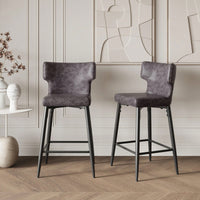 Modern 28 Inch Counter Height Bar Stools Set Of 2 With PU Leather Upholstery And Metal Footrest For Kitchen Island And Dining Room Gray