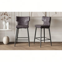 Modern 28 Inch Counter Height Bar Stools Set Of 2 With PU Leather Upholstery And Metal Footrest For Kitchen Island And Dining Room Gray