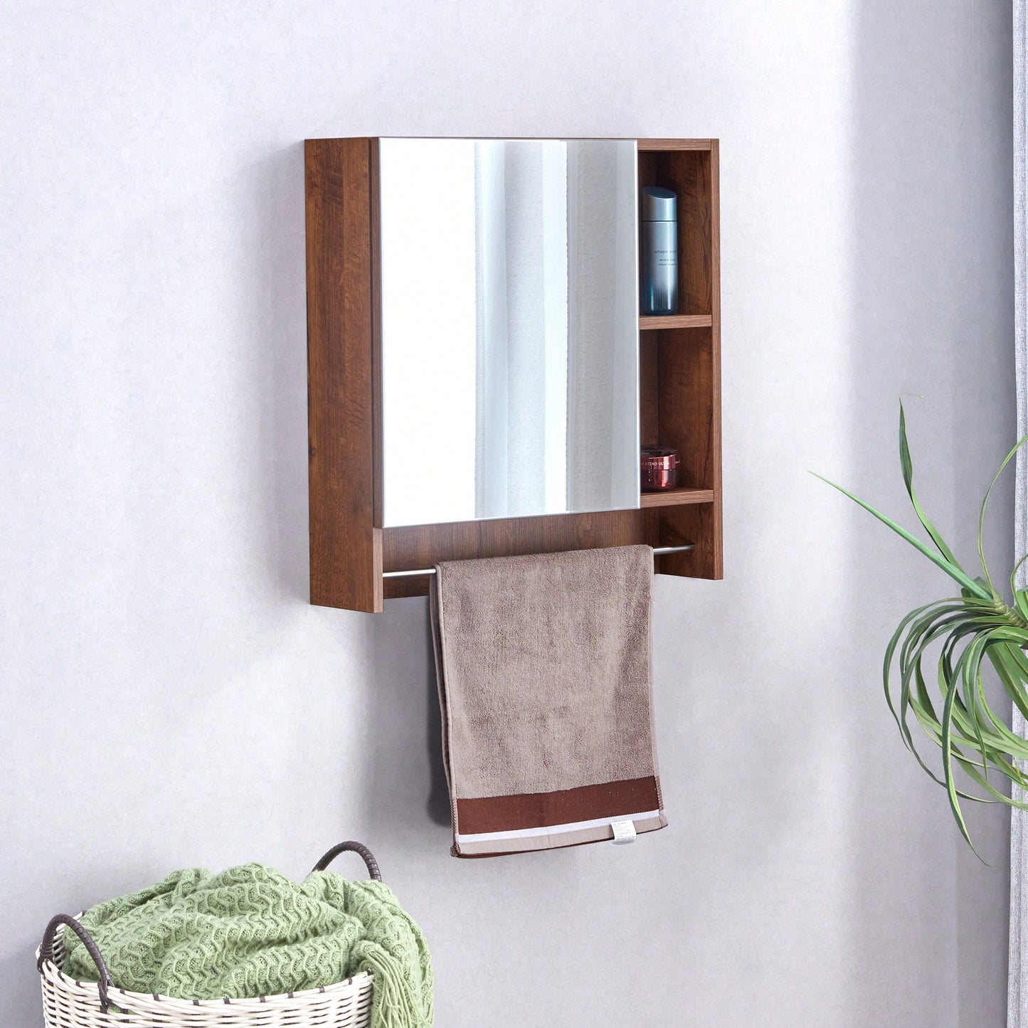 Wall Mounted Bathroom Mirror Cabinet With Shelves And Towel Rack For Over Toilet Storage