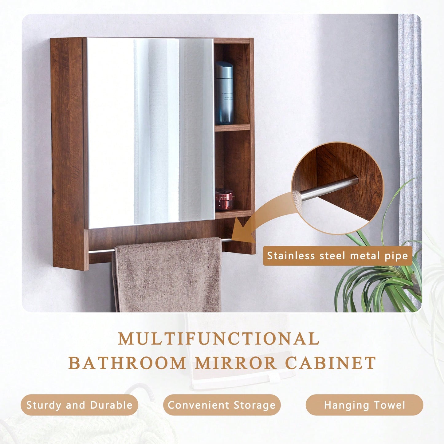 Wall Mounted Bathroom Mirror Cabinet With Shelves And Towel Rack For Over Toilet Storage