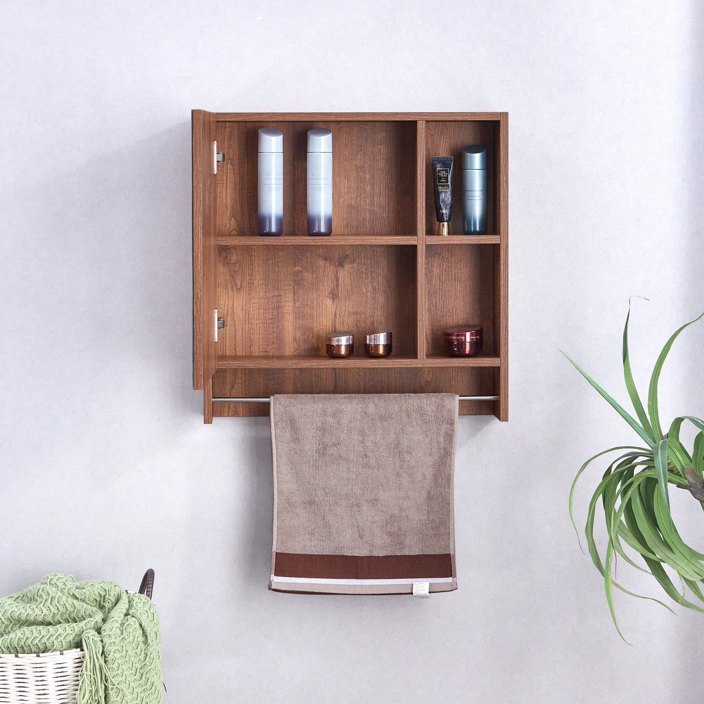 Wall Mounted Bathroom Mirror Cabinet With Shelves And Towel Rack For Over Toilet Storage