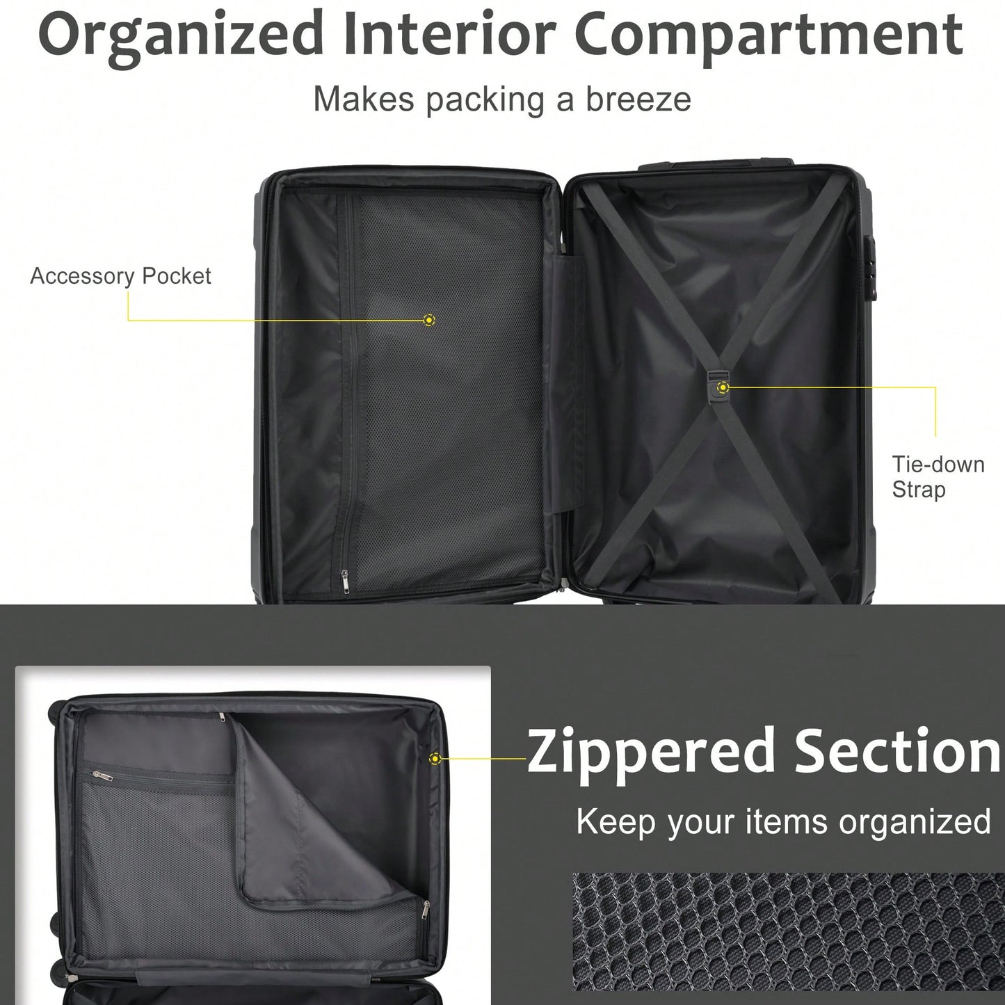 Expandable 3 Piece Hard Shell Luggage Set With Double Spinner Wheels And TSA Lock - 20 24 28 Inch Black Travel Suitcases