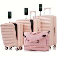 4 Piece Hard Shell Luggage Set With Front Pocket TSA Lock USB Port Universal Wheels Black Carry-On Bags 20 24 28 Inch