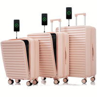 4 Piece Hard Shell Luggage Set With Front Pocket TSA Lock USB Port Universal Wheels Black Carry-On Bags 20 24 28 Inch